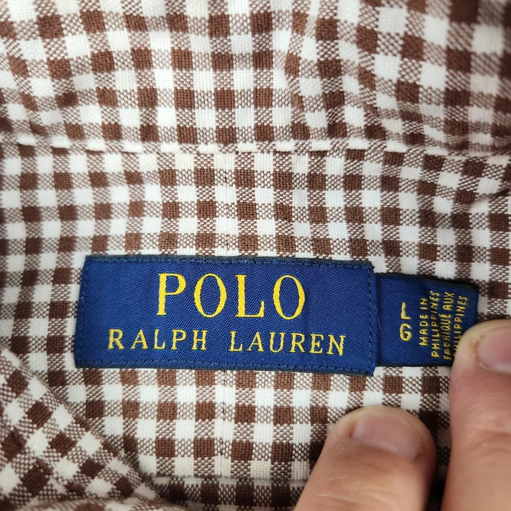 Polo Ralph Lauren Mens Brown Gingham Check Cotton Button Down Shirt Large L